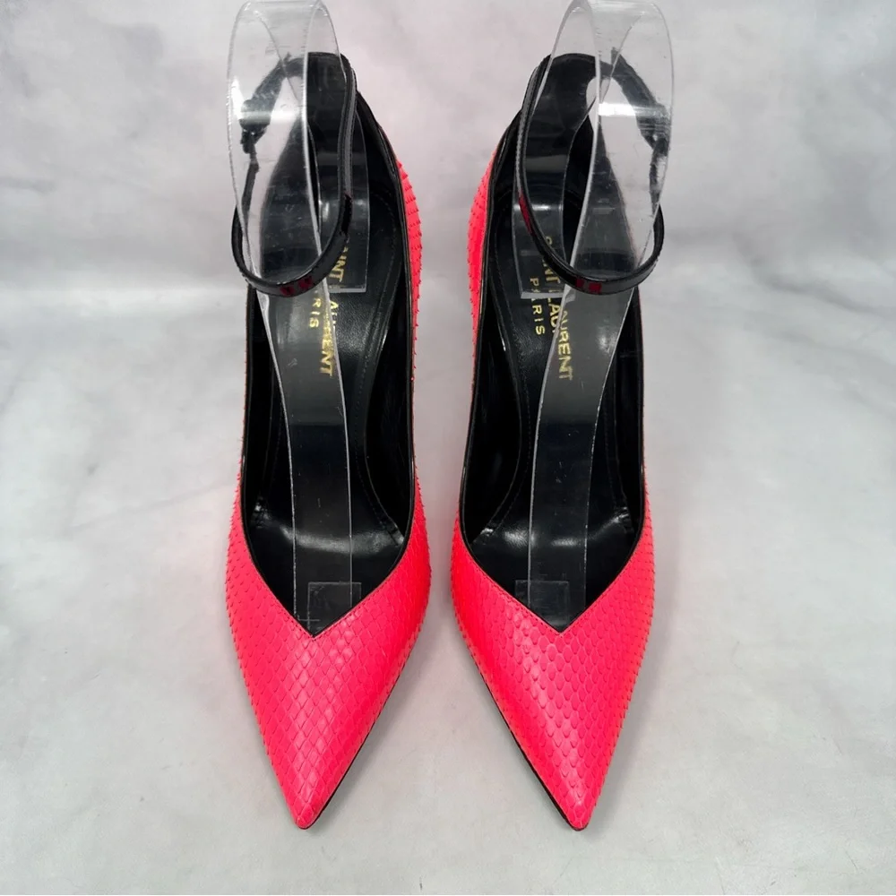 Saint Laurent Zoe 105 Ankle Strap Leather Snakeskin Pointed Toe Pump Heels Neon - Picture 4 of 16